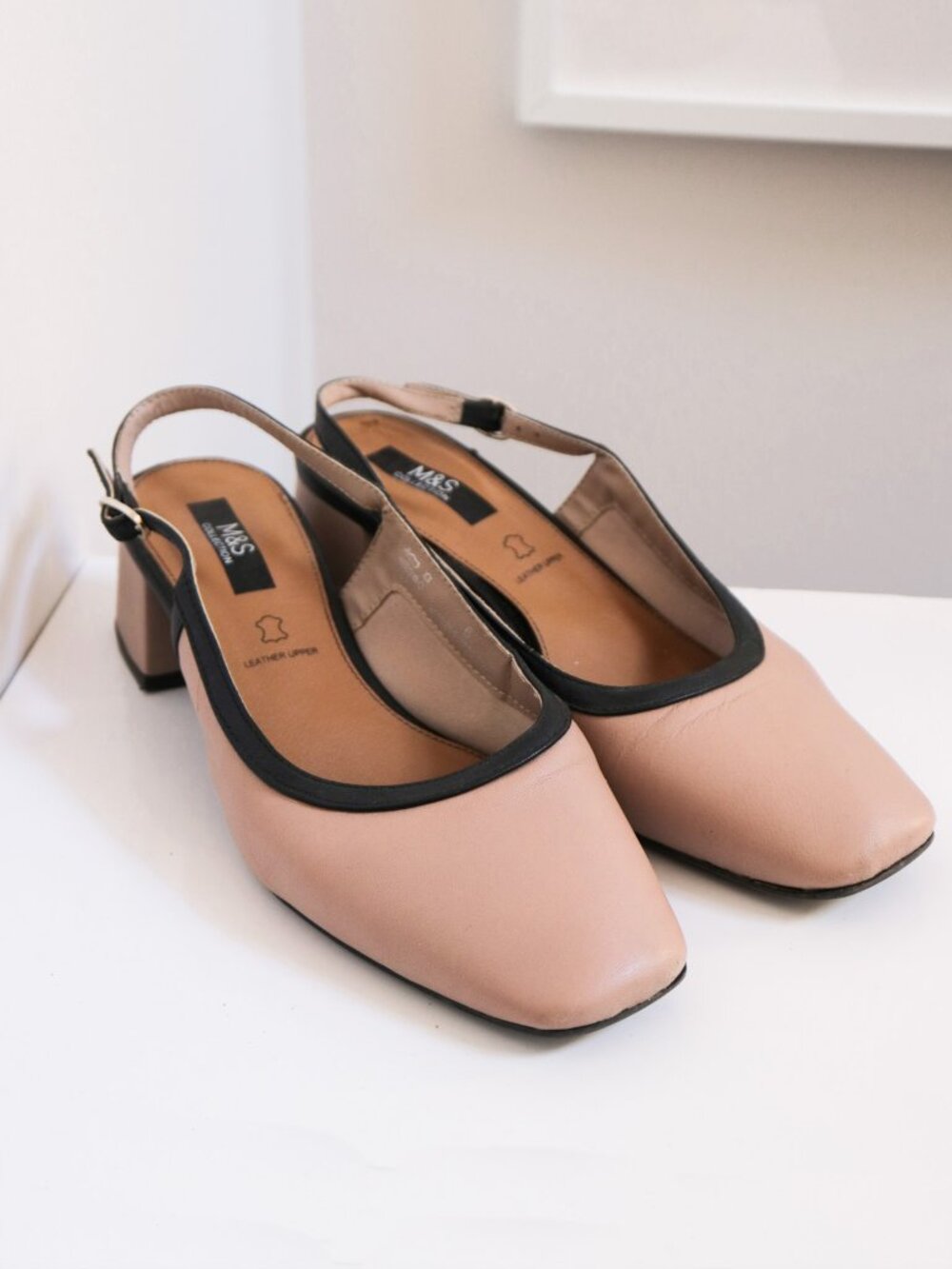 MARKS & SPENCER Leather Block Heel Slingback Shoes, Dusty Beige & Black, Office